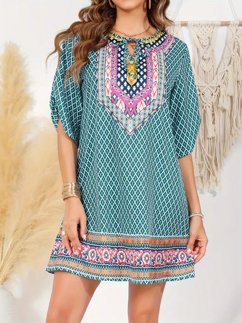 Zariah – Charming V-neck Boho Print Tunic Dress