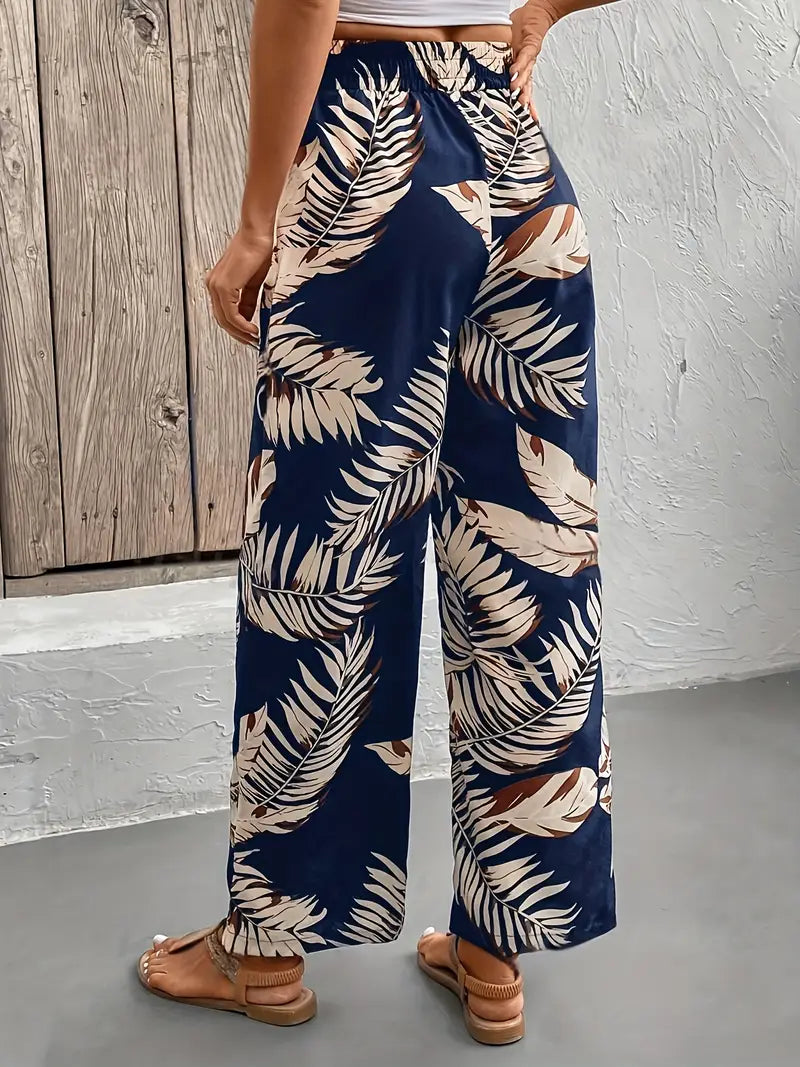 Denielle – Stylish Leaf Printed Wide-leg Trousers