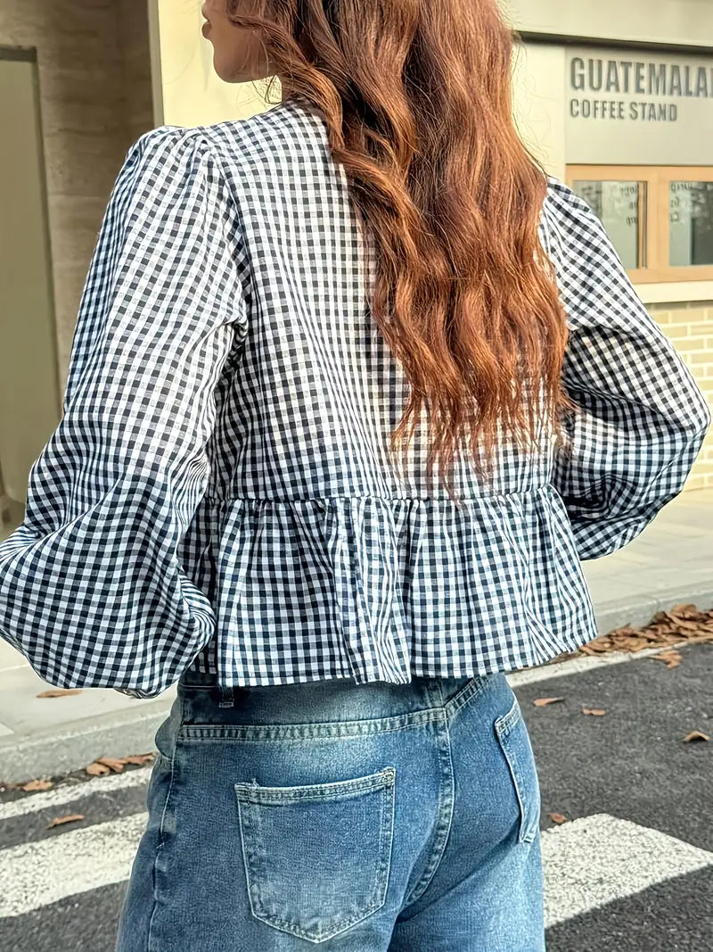 Liora - Vintage Checkered Long Sleeve Blouse