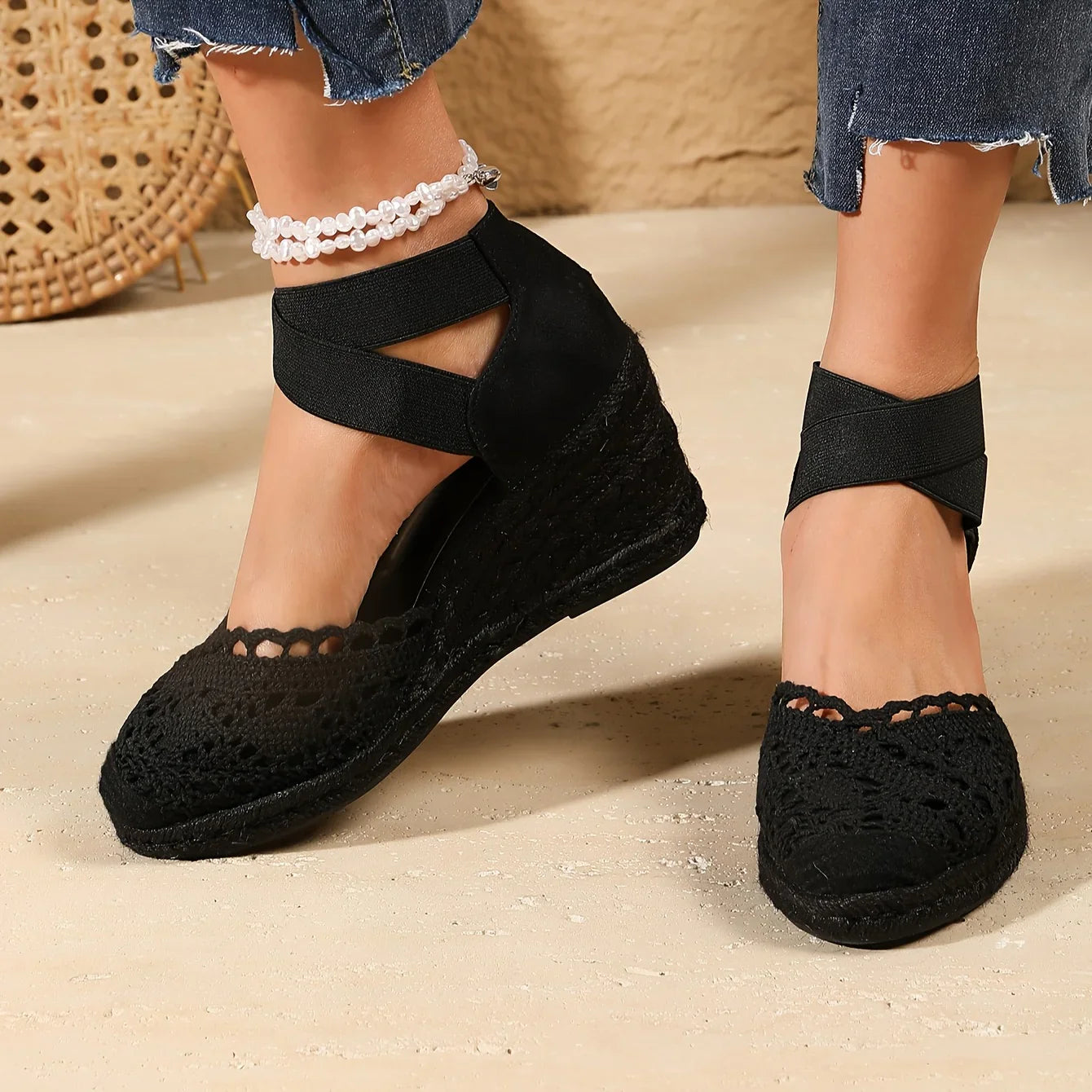 Nessa – Elegant Crochet Lace Wedge Sandals