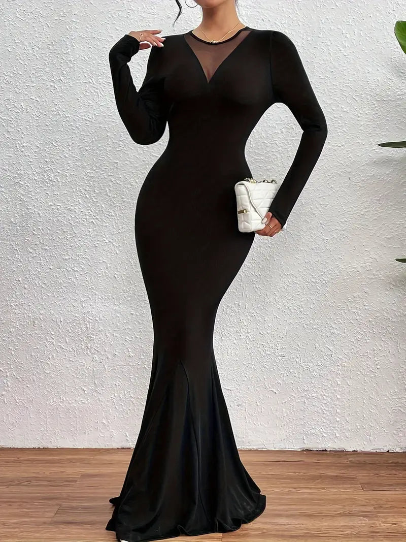 Aniza - V-neck Long Sleeve Mesh Maxi Dress