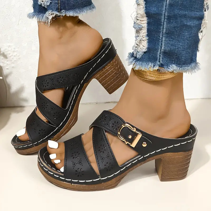 Solienne – Stylish Cut-out Block Heel Slip-on Sandals