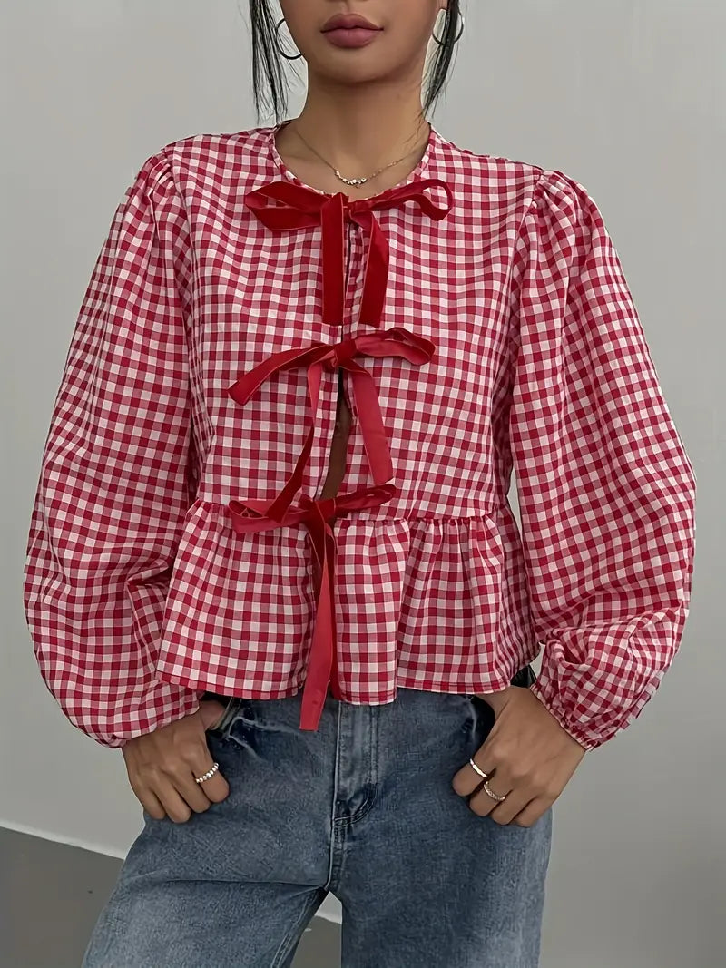 Liora - Vintage Checkered Long Sleeve Blouse