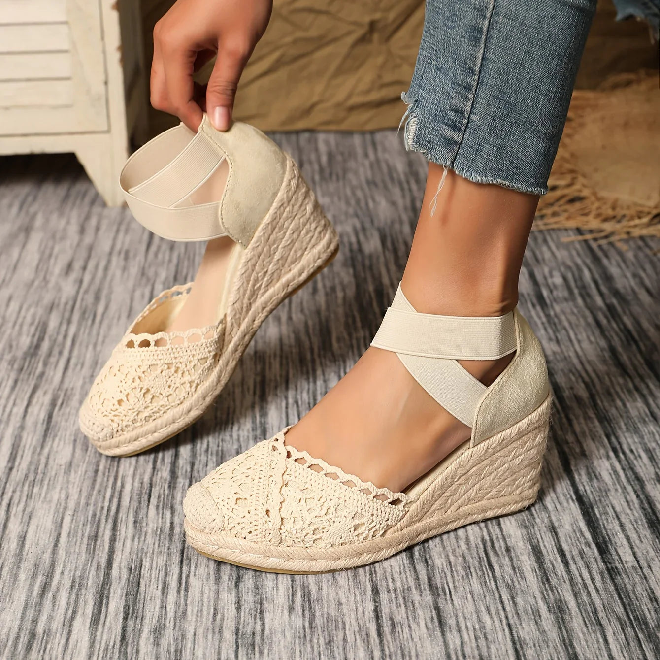 Nessa – Elegant Crochet Lace Wedge Sandals