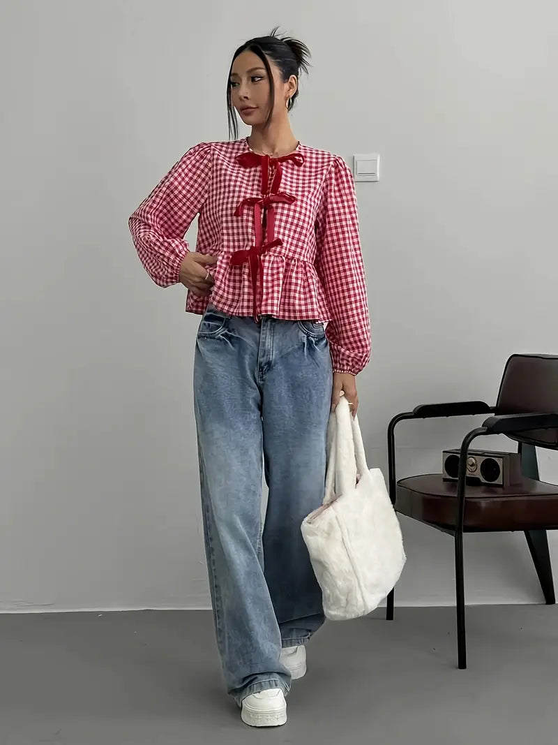 Liora - Vintage Checkered Long Sleeve Blouse