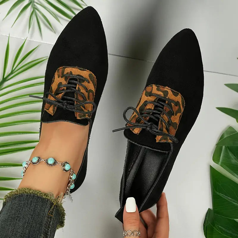 Melithra – Elegant Suede Lace-up Shoes with Leopard Print