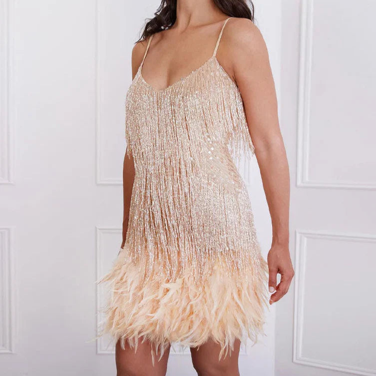 Shelah – Sequin and Feather Fringe Party Mini Dress