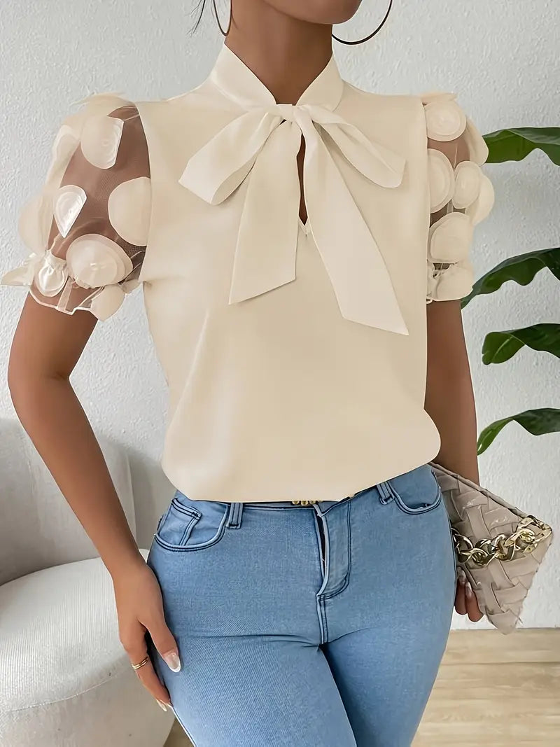 Iscaria – Elegant Bow Tie and Mesh Sleeves Blouse
