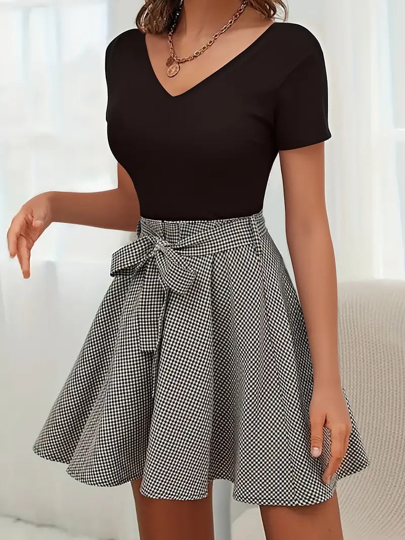 Merlina – Classic V-neck Dress with Gingham Skirt