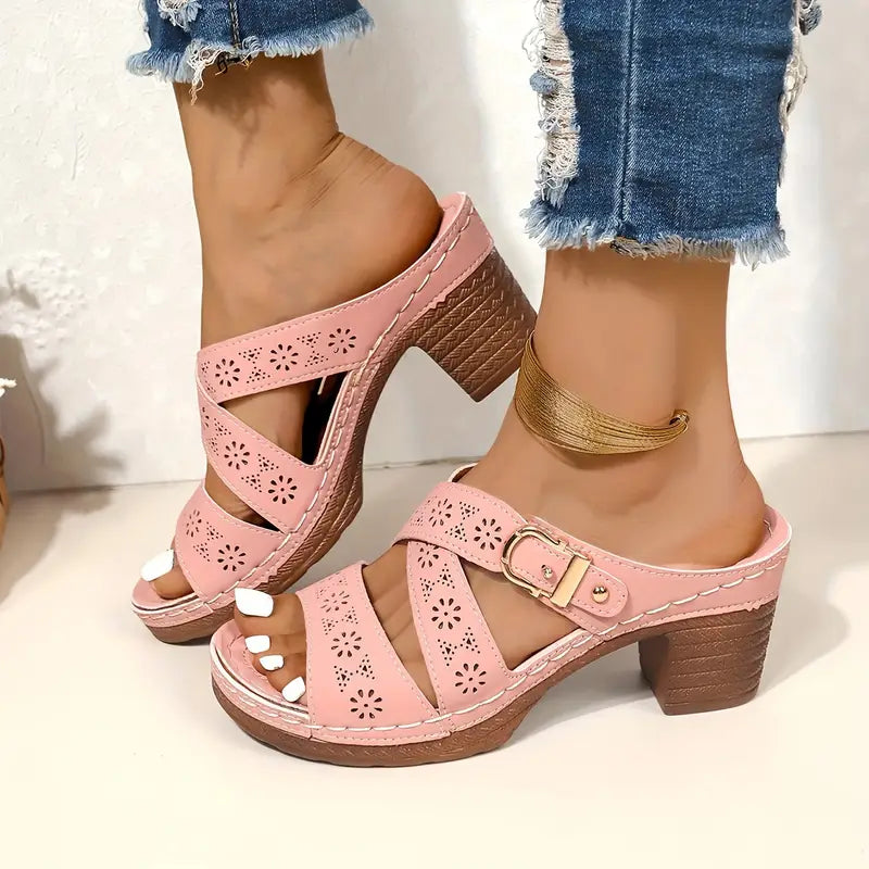 Solienne – Stylish Cut-out Block Heel Slip-on Sandals