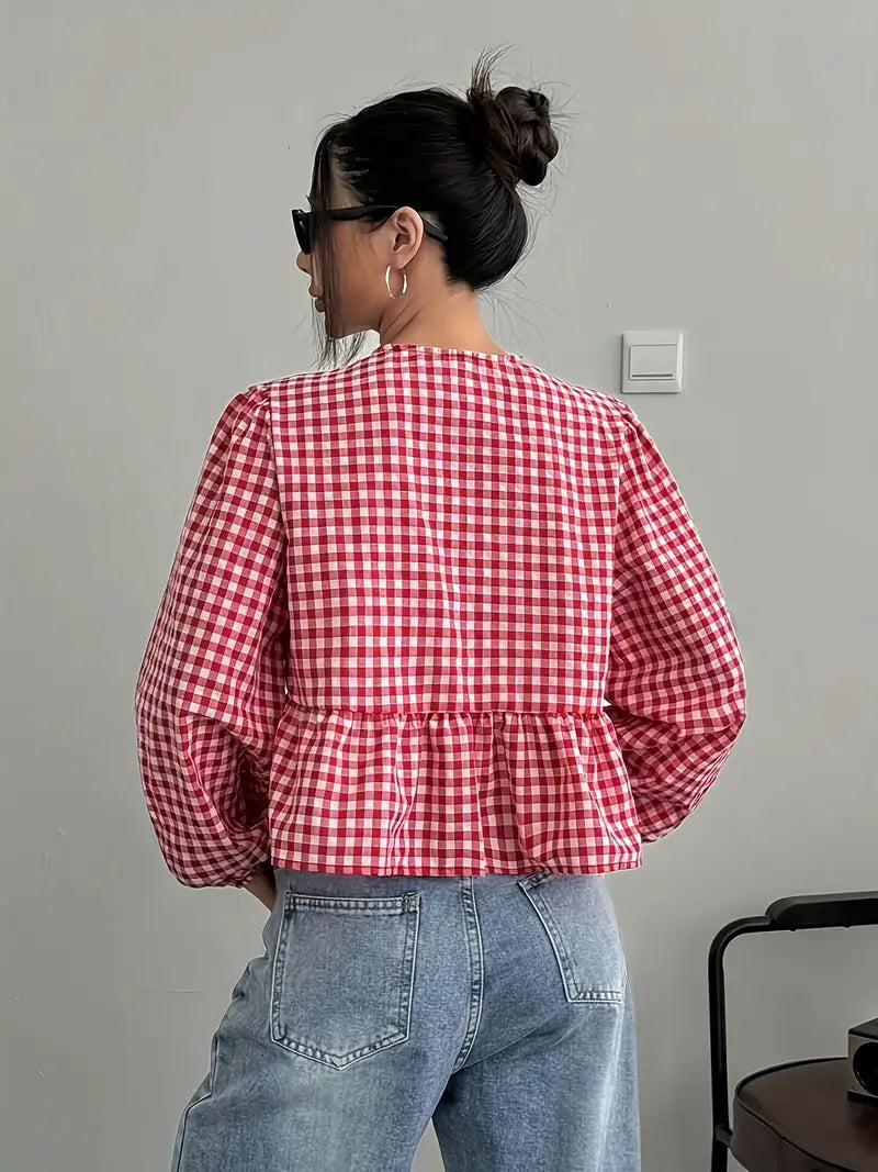 Liora - Vintage Checkered Long Sleeve Blouse