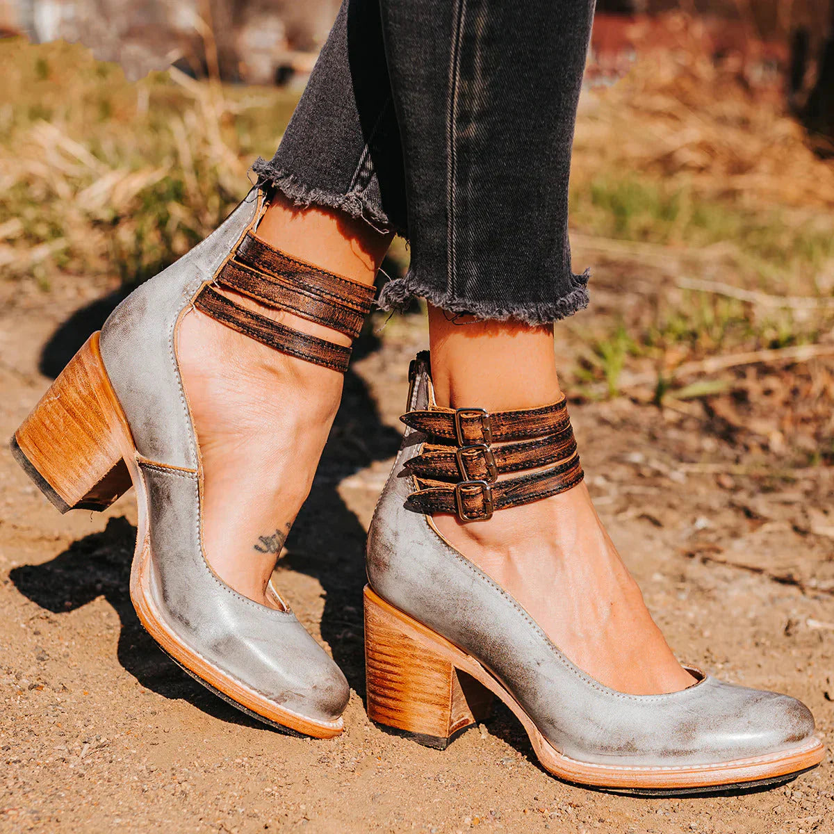 Mariene – Round Toe Leather Block Heel Shoes