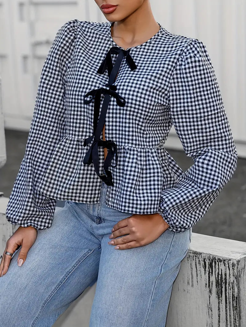 Liora - Vintage Checkered Long Sleeve Blouse