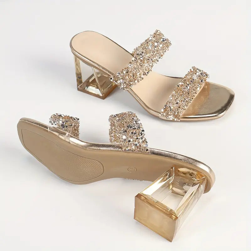 Melisette – Transparent Block Heel Glitter Strap Sandals