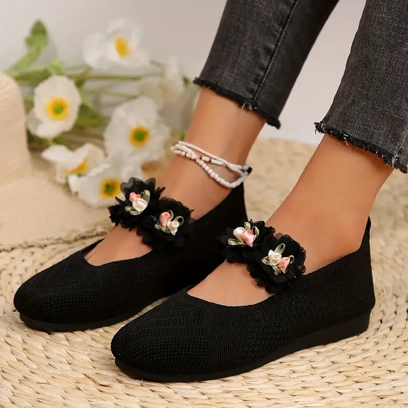 Sylverna - Charming Floral-embellished Knit Flats