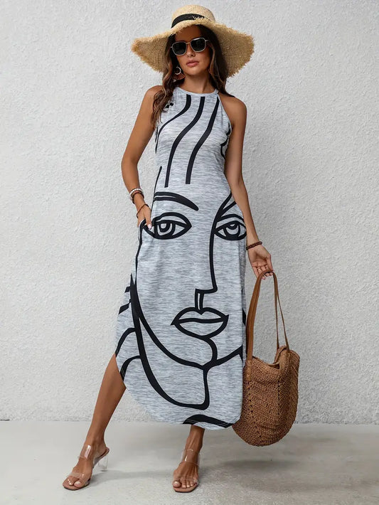 Zaria – Sleeveless Maxi Dress with Abstract Face Print