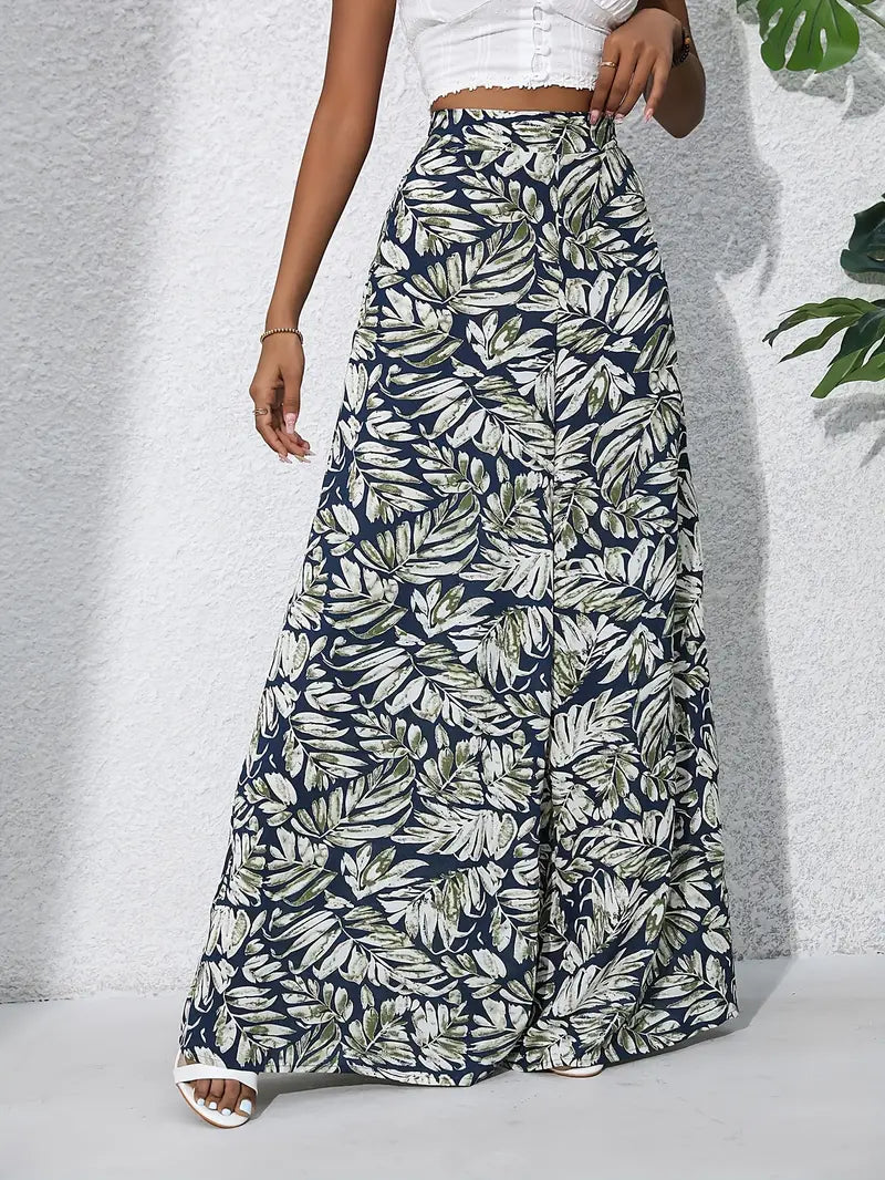 Louvelle – Stylish Tropical Print Wide-leg Trousers