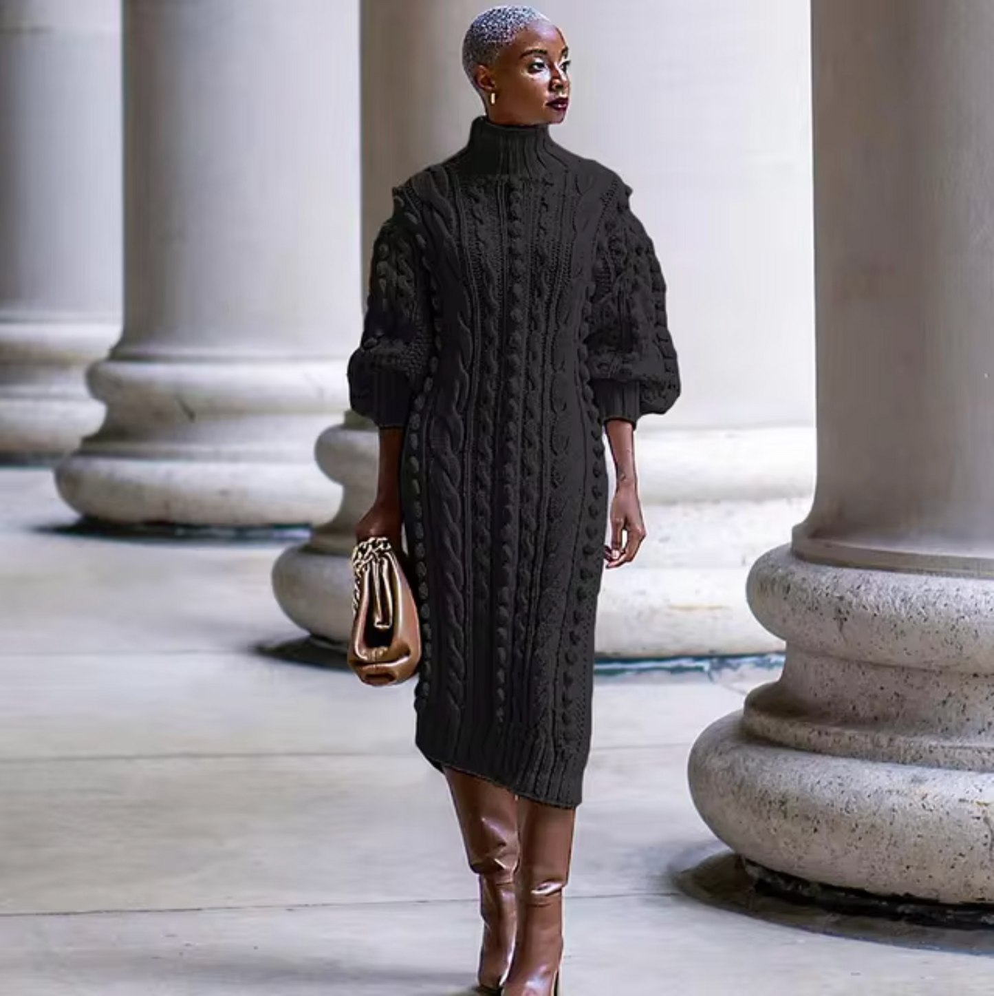 Tasha – Ribbed Turtleneck Midi Dress