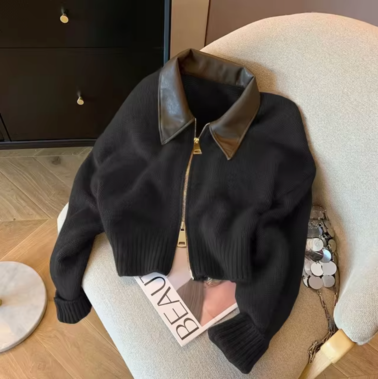 Valentina – Leather Collar Cardigan