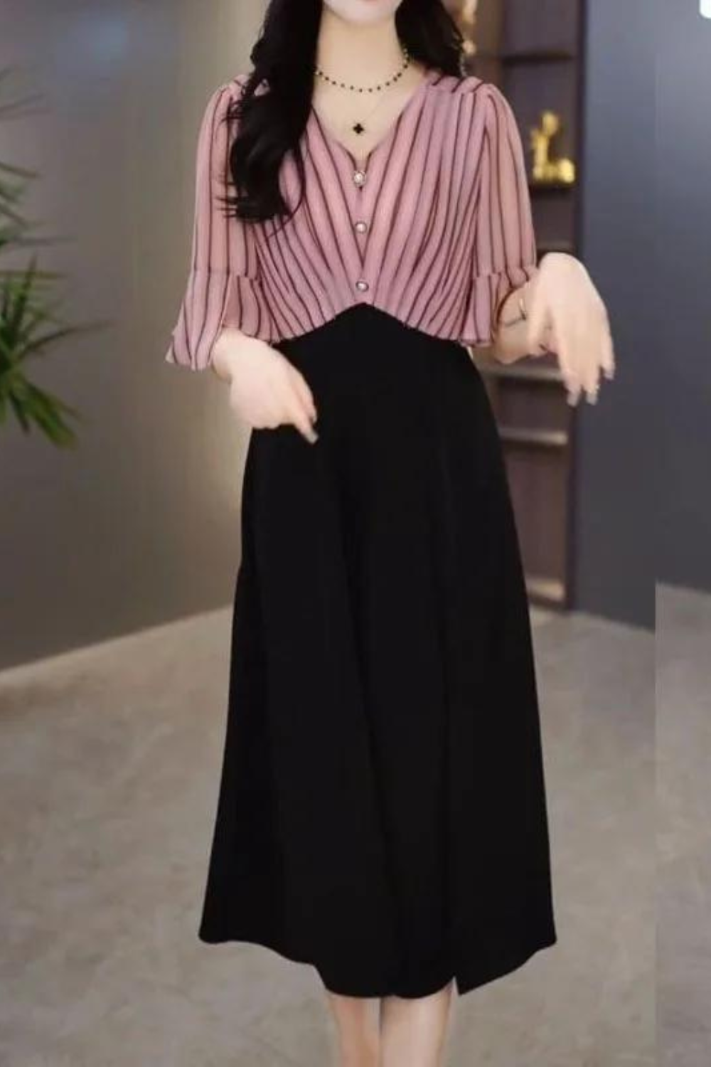 Donella - V-neck Button Down midi Dress