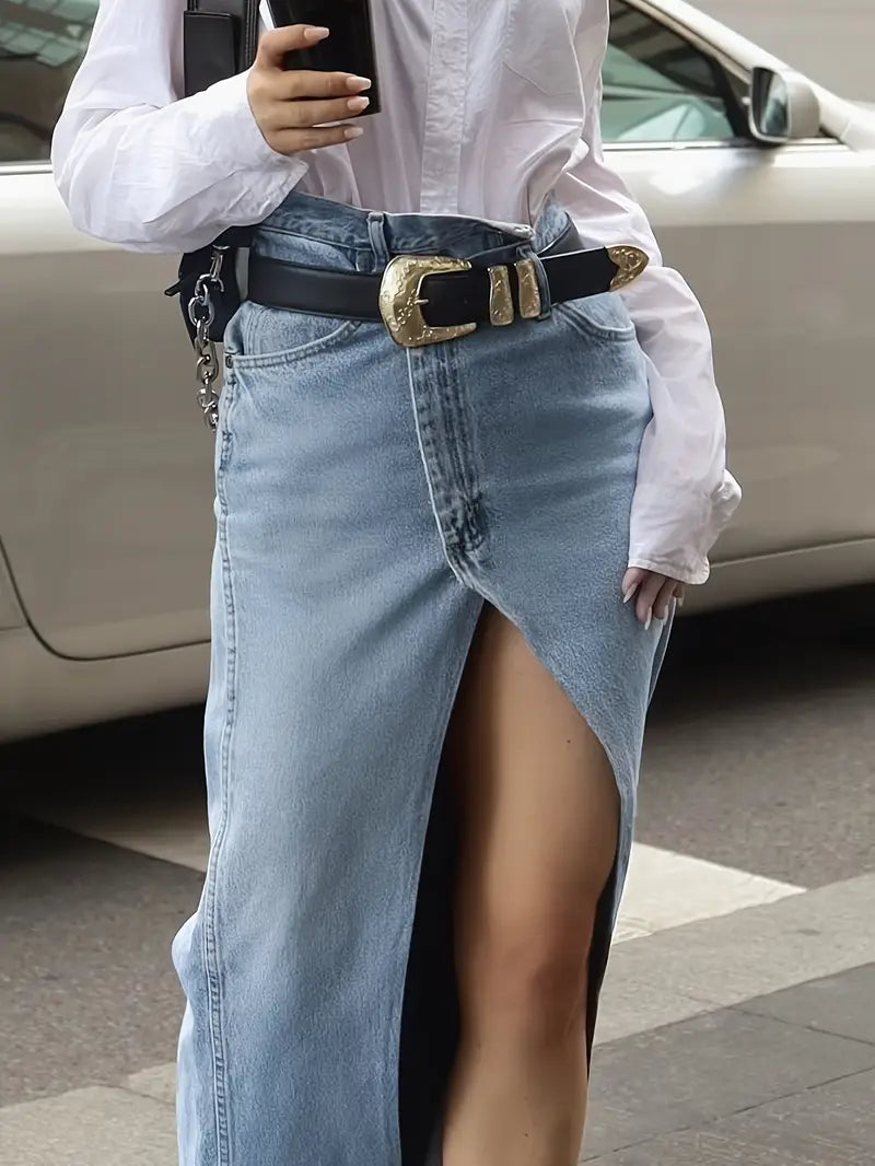 Caylie – Stylish High Slit Denim Skirt