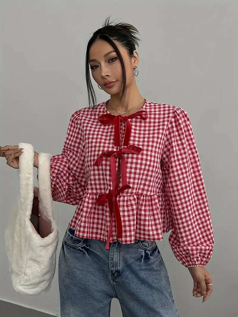 Liora - Vintage Checkered Long Sleeve Blouse
