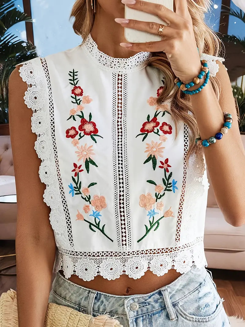 Eupheria – Elegant Lace Trim Sleeveless Blouse