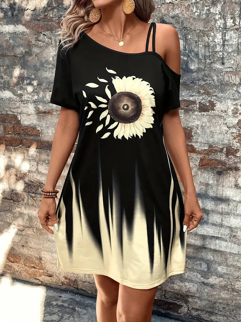Lorianna – Adorable Sunflower Graphic Off-shoulder Dress
