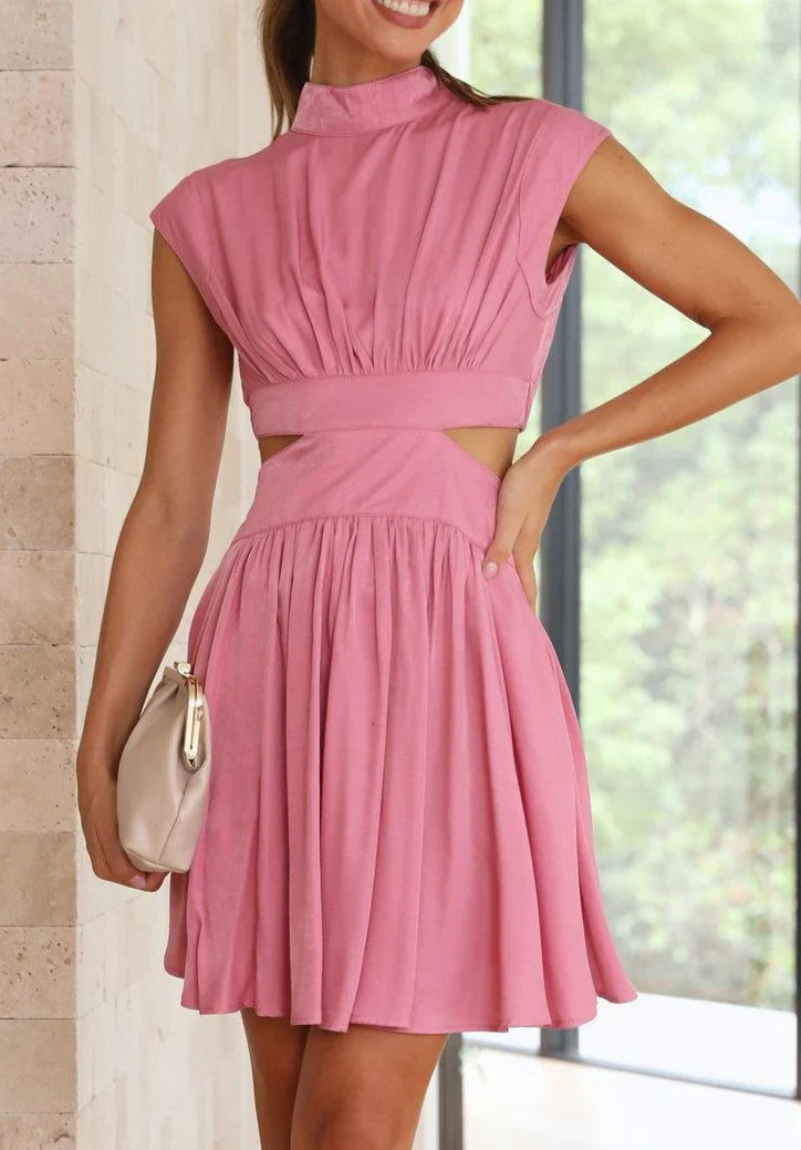 Ahzi – Sleeveless Cut-out Waist Flared Dress High Neck