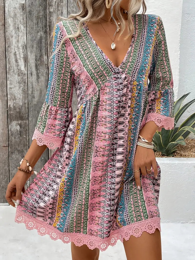 Mindy – Stylish V-neck Boho Print Mini Dress