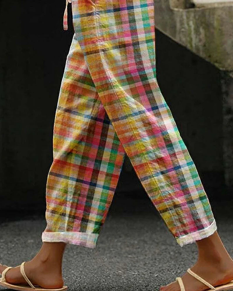 Gerlyn – Women’s Colorful Checked Linen Drawstring Trousers