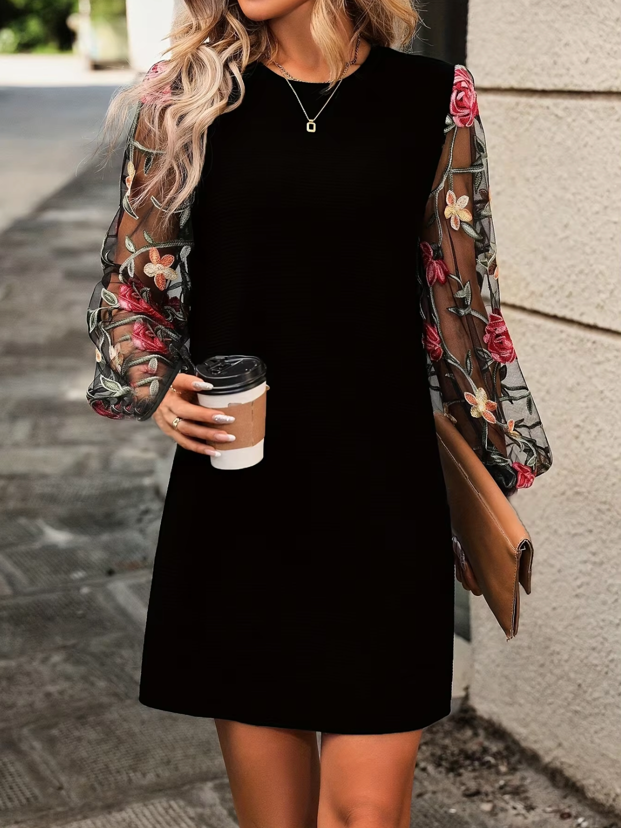 Gracia - Elegant Mesh Sleeves Dress