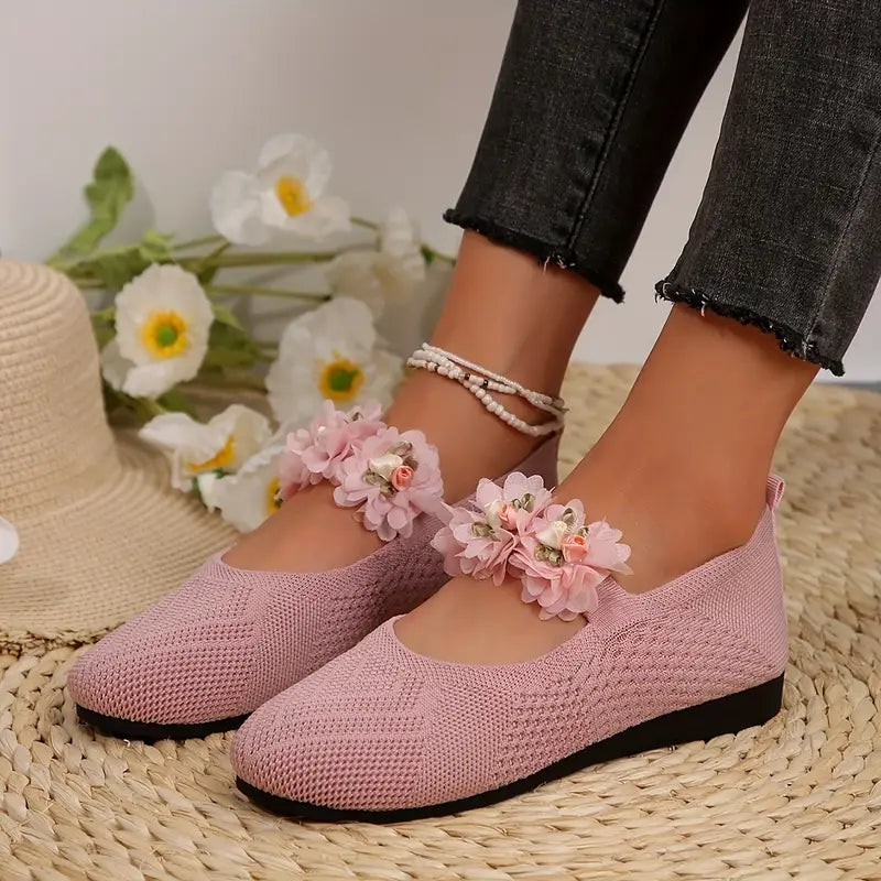 Sylverna - Charming Floral-embellished Knit Flats