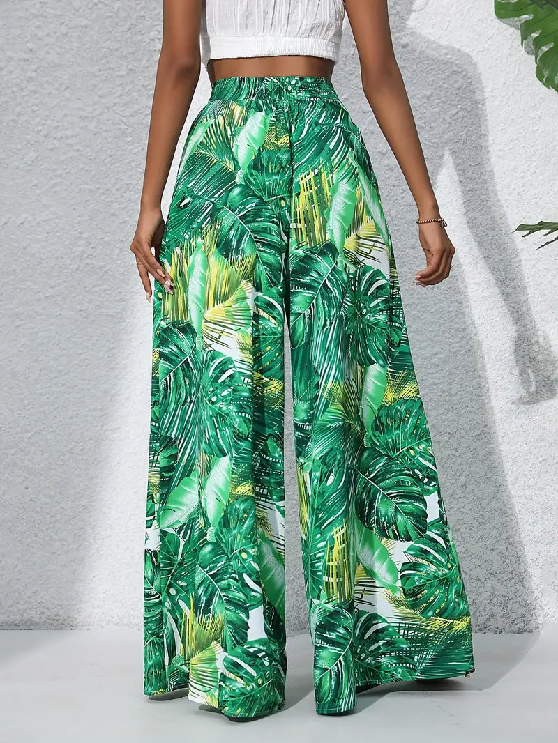 Louvelle – Stylish Tropical Print Wide-leg Trousers