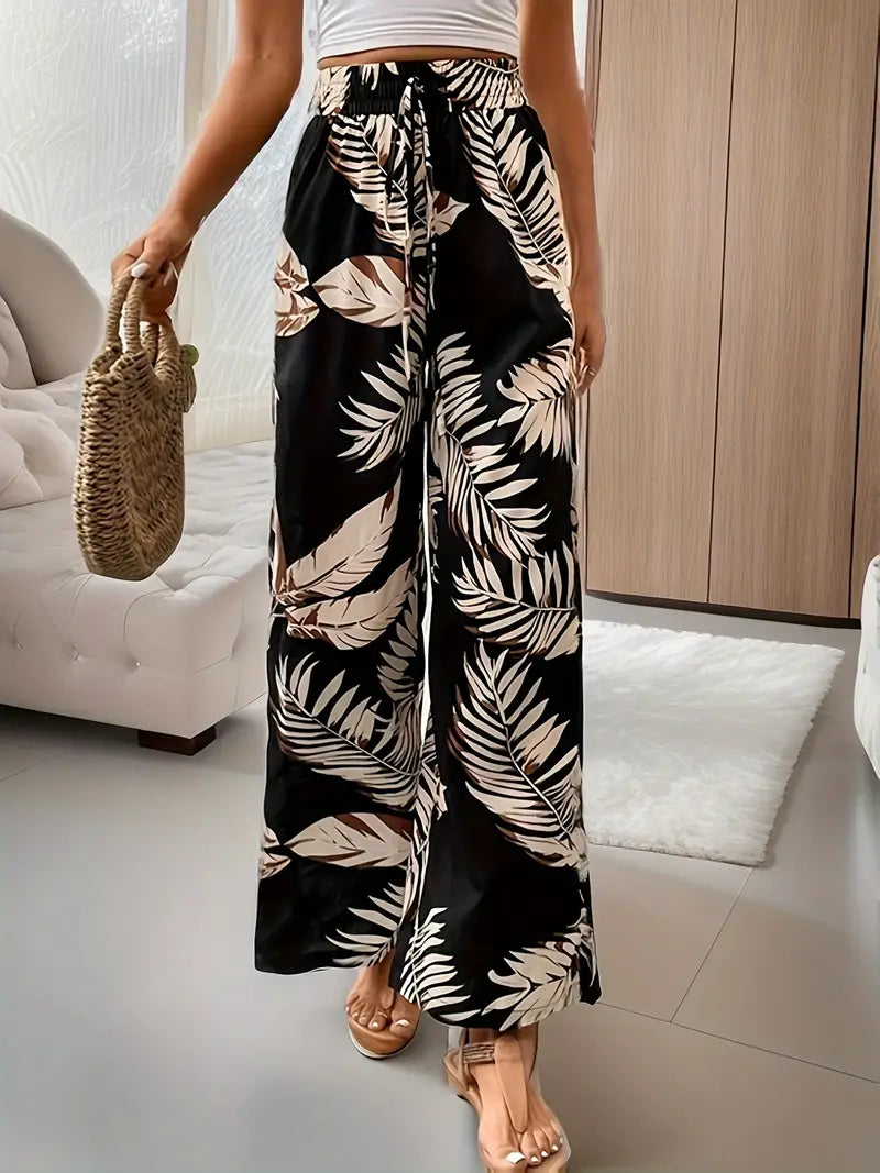 Denielle – Stylish Leaf Printed Wide-leg Trousers