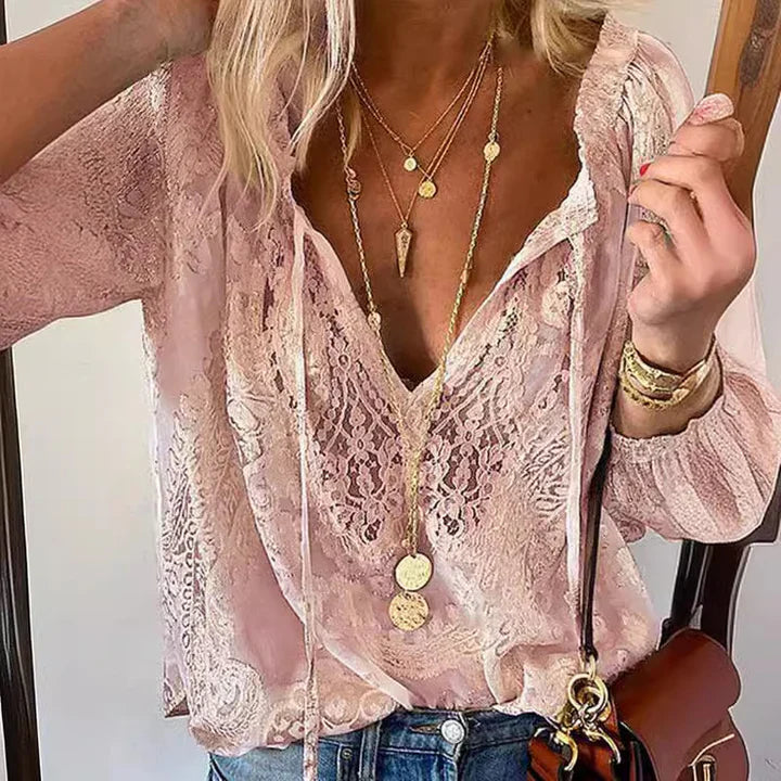 Jenica – V-neck Chiffon Blouse with Lace