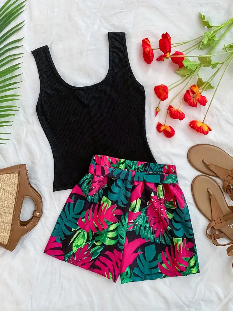 Elkie – Ribbed Cotton Tank Top and Printed Shorts Set