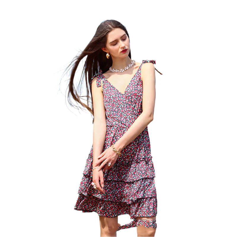 Lorevina – Tiered Ruffle Floral Mini Dress with Tie Straps
