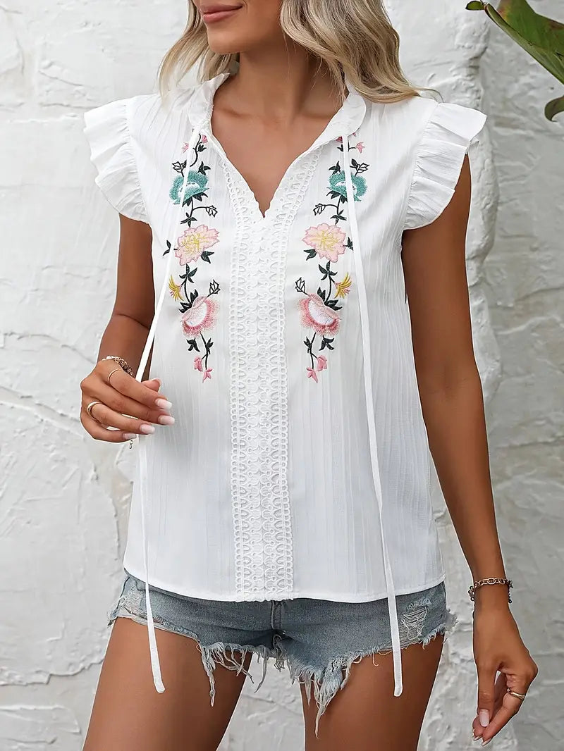 Elysia - Vintage Embroidered Ruffle Sleeves Blouse