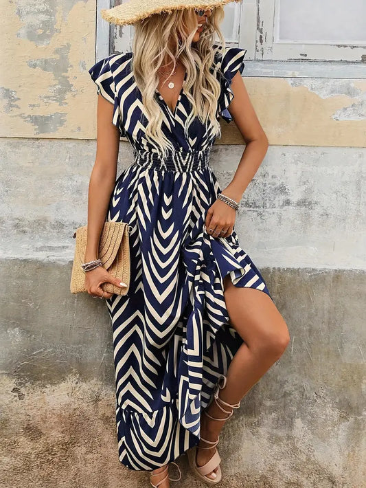 Kaline – Chic Chevron V-neck Midi Dress