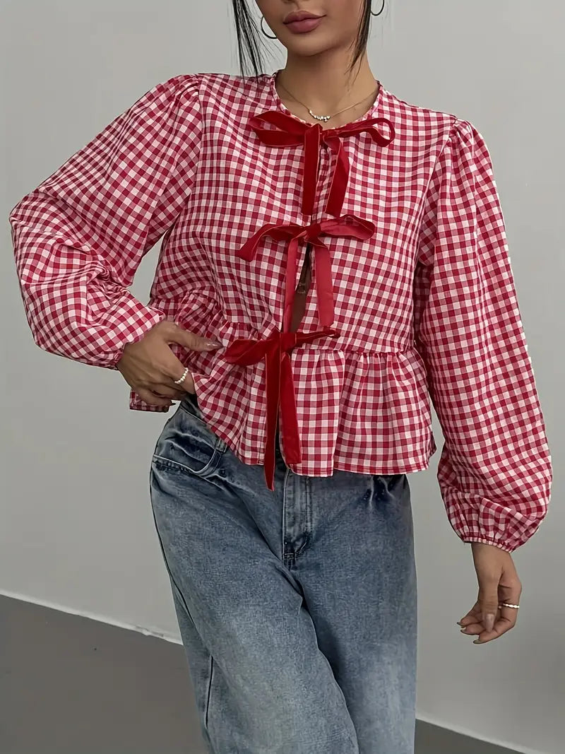 Liora - Vintage Checkered Long Sleeve Blouse