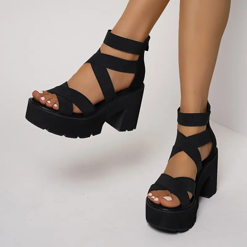 Zelmei – Black Gladiator Sandals with Platform Sole
