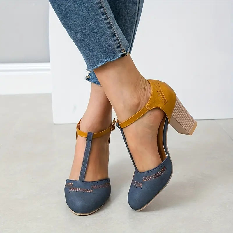 Aureven – Vintage Block Heel T-strap Sandals