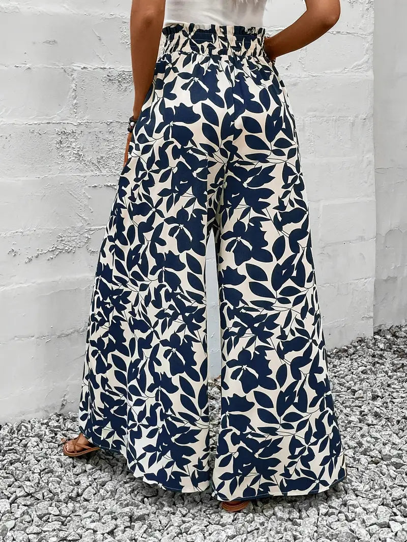 Ivy – Navy Wide Leg trousers with Leaf Print