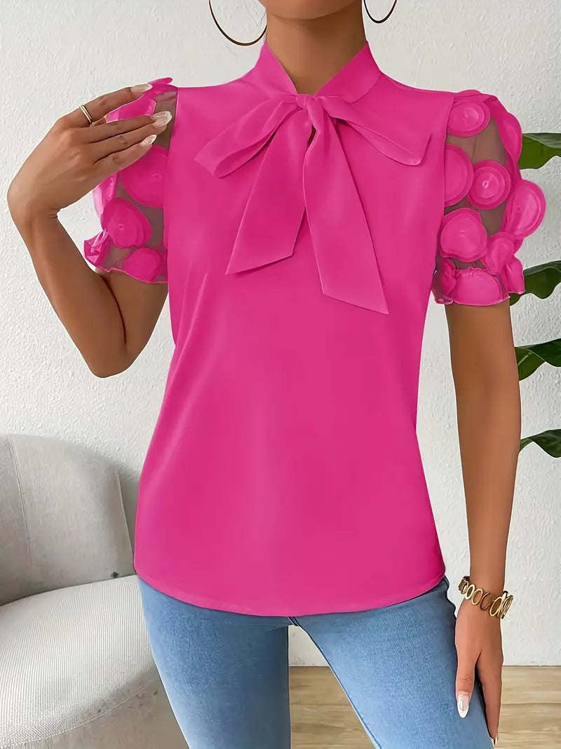 Iscaria – Elegant Bow Tie and Mesh Sleeves Blouse