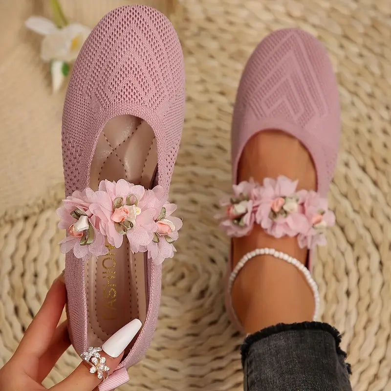 Sylverna - Charming Floral-embellished Knit Flats