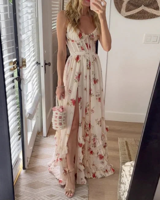Flaura – Maxi Dress with Floral Ruffle Slit