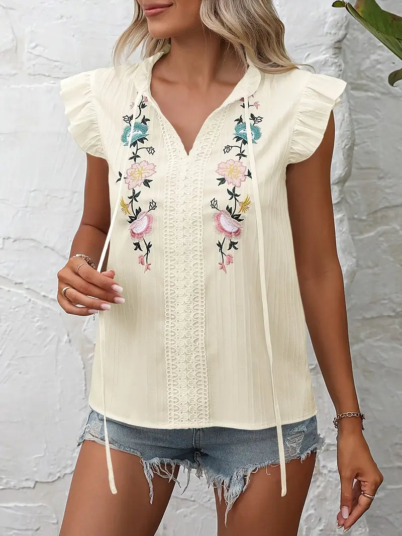 Elysia - Vintage Embroidered Ruffle Sleeves Blouse