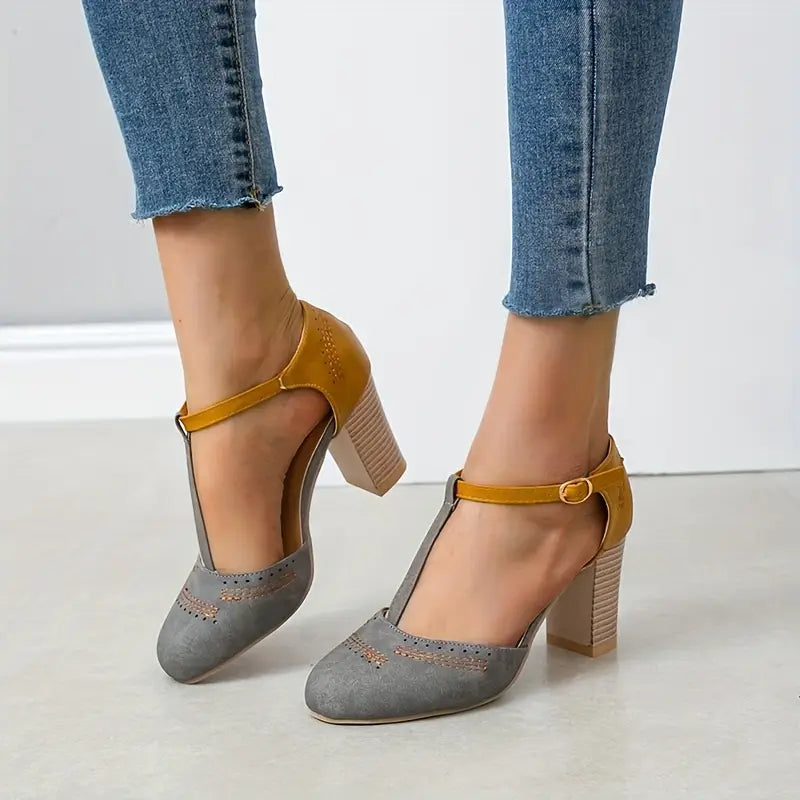 Aureven – Vintage Block Heel T-strap Sandals