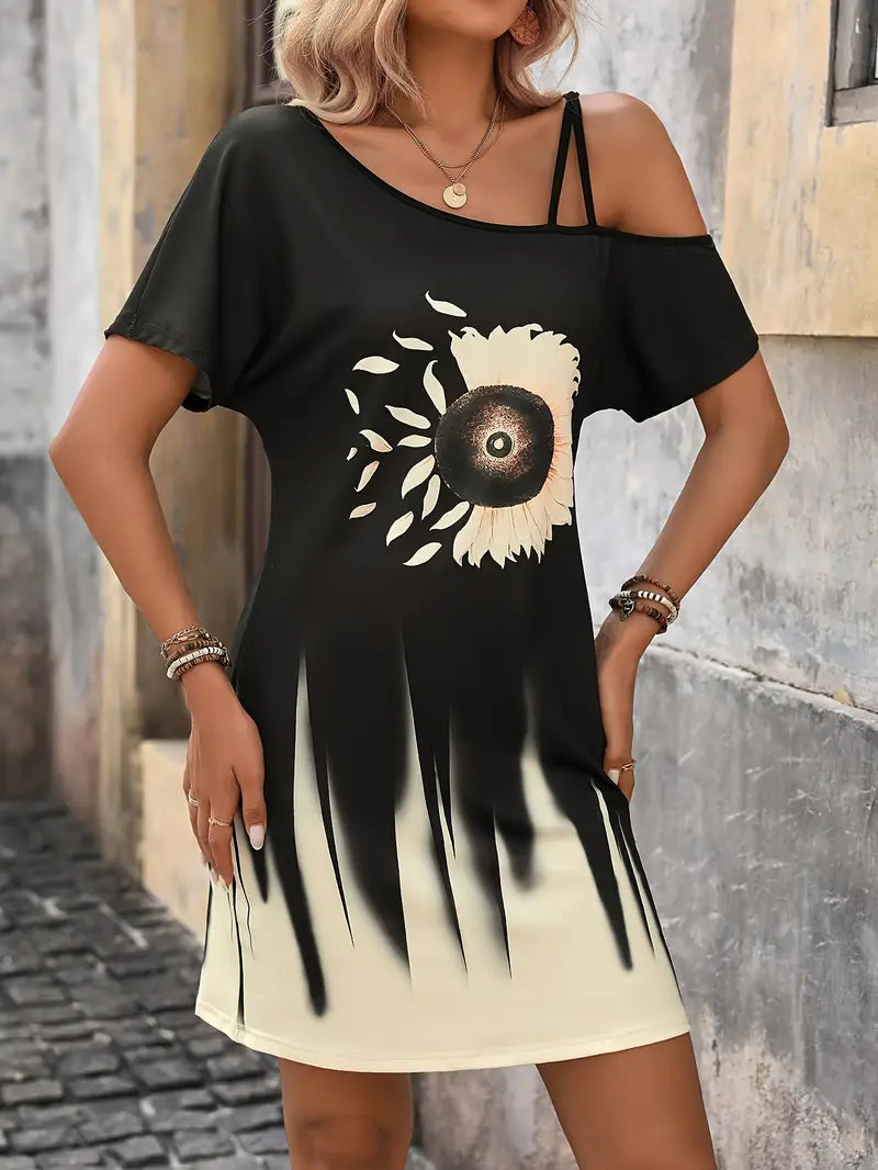 Lorianna – Adorable Sunflower Graphic Off-shoulder Dress